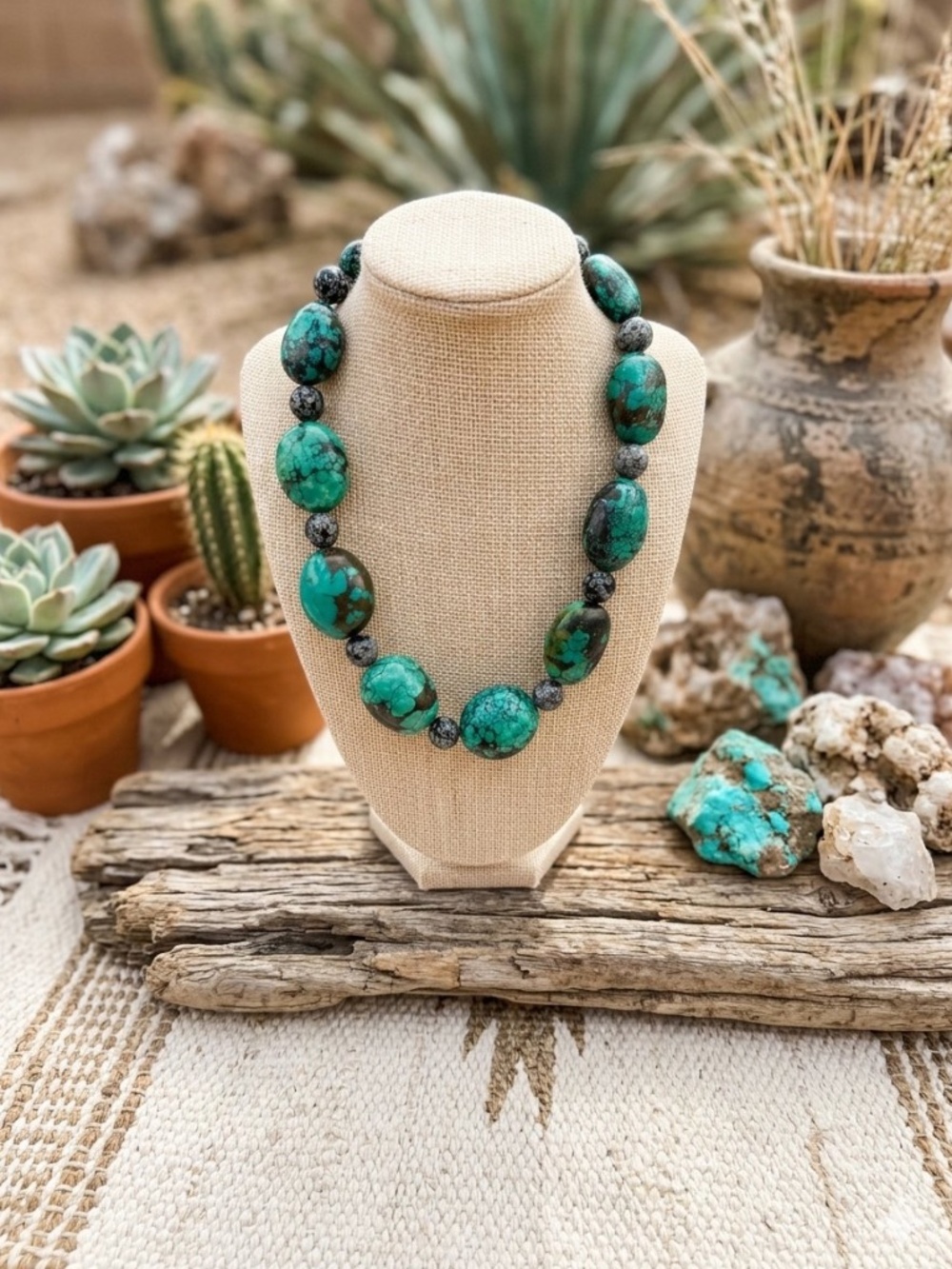 Massive Chunky Natural Turquoise & Snowflake Obsidian Statement Necklace